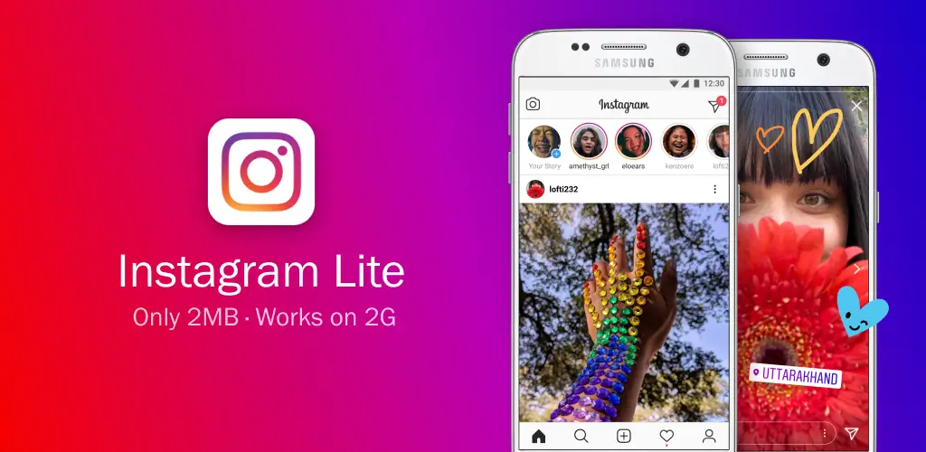 Instagram Lite app interface displayed on a smartphone with colorful background.