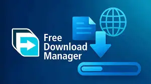 Icon representing free download manager with arrow, document, and globe symbols.