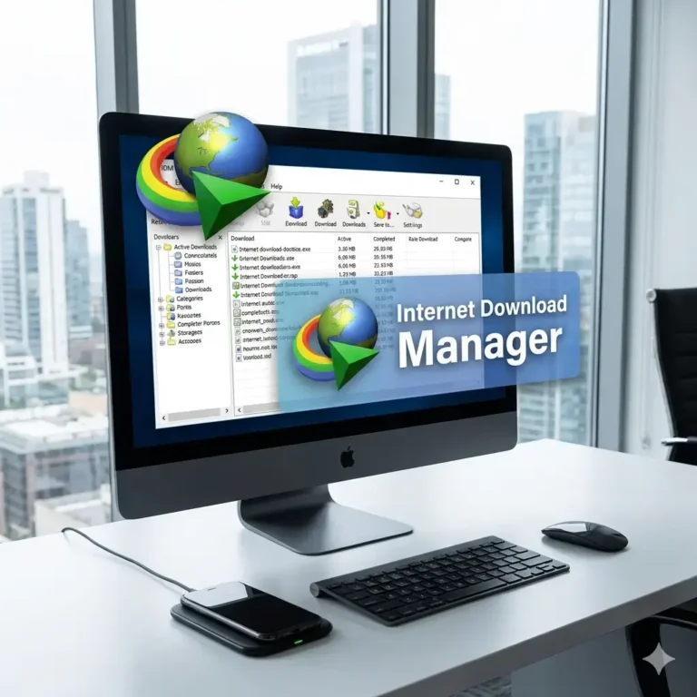 Desktop computer screen displaying Internet Download Manager software with download progress and ico.