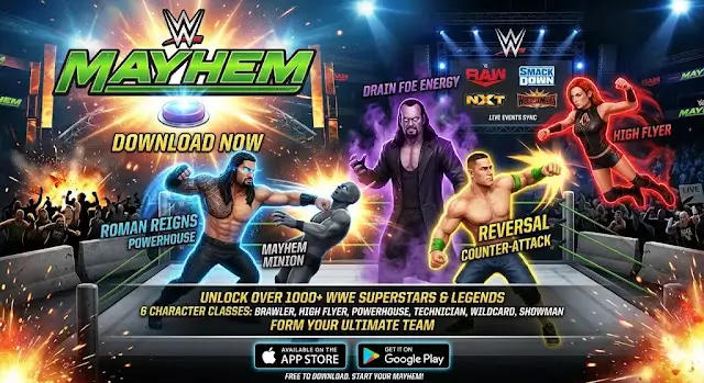 WWE Mayhem mobile game featuring wrestlers in action and colorful arena background.