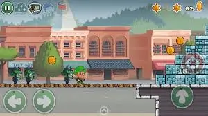 Urban street scene from a side-scrolling adventure game with characters and obstacles.